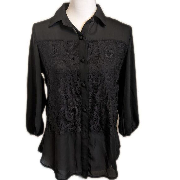 Soprano black sheer polyester button up shirt, 3/4 sleeves, lace front S - Picture 1 of 5